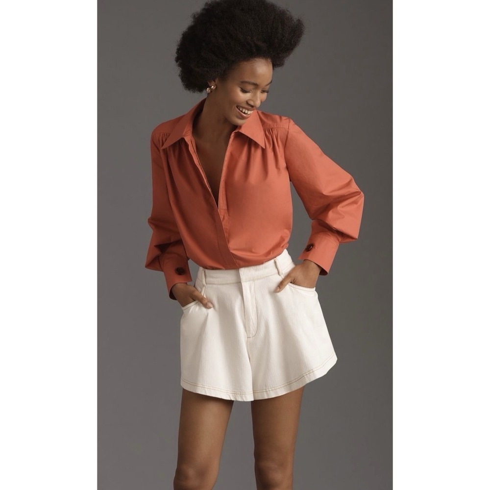 Mare Mare Anthropologie Red Zip Henley Blouse Ruched Shoulder Cotton M NWT